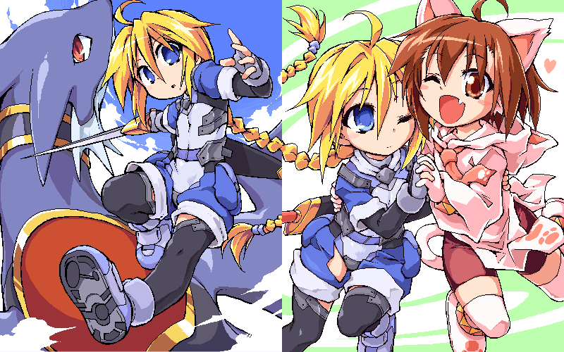 2girls ahoge animal_ears armor bag bangs belt bike_shorts_girl_(tomoshibi_hidekazu) blade blonde_hair blue_belt blue_eyes blue_shorts braid brown_eyes brown_hair cat_ears cloud collar dragon dragon_wings eyebrow_visible_through_hair fang fingerless_gloves girl_with_a_blonde_braid_(tomoshibi_hidekazu) gloves grin hair_tie hand_holding holding holding_weapon interlocked_fingers leg_up leggings long_hair looking_at_viewer multiple_girls one_eye_closed open_mouth original paw_print_pattern pink_hoodie red_eyes red_shorts ribbon shoe_soles shoes short_hair shorts smile sword tail tomoshibi_hidekazu very_long_hair weapon wings