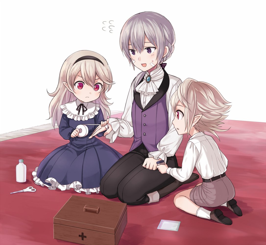 1girl 2boys bandage bandage_on_face butler chibi child european_clothes female_my_unit_(fire_emblem_if) fire_emblem fire_emblem_if first_aid_kit jacket joker_(fire_emblem_if) kneeling male_my_unit_(fire_emblem_if) multiple_boys my_unit_(fire_emblem_if) nintendo pointy_ears precure purple_eyes red_eyes scissors shinkanoshin sitting smile_precure! white_hair