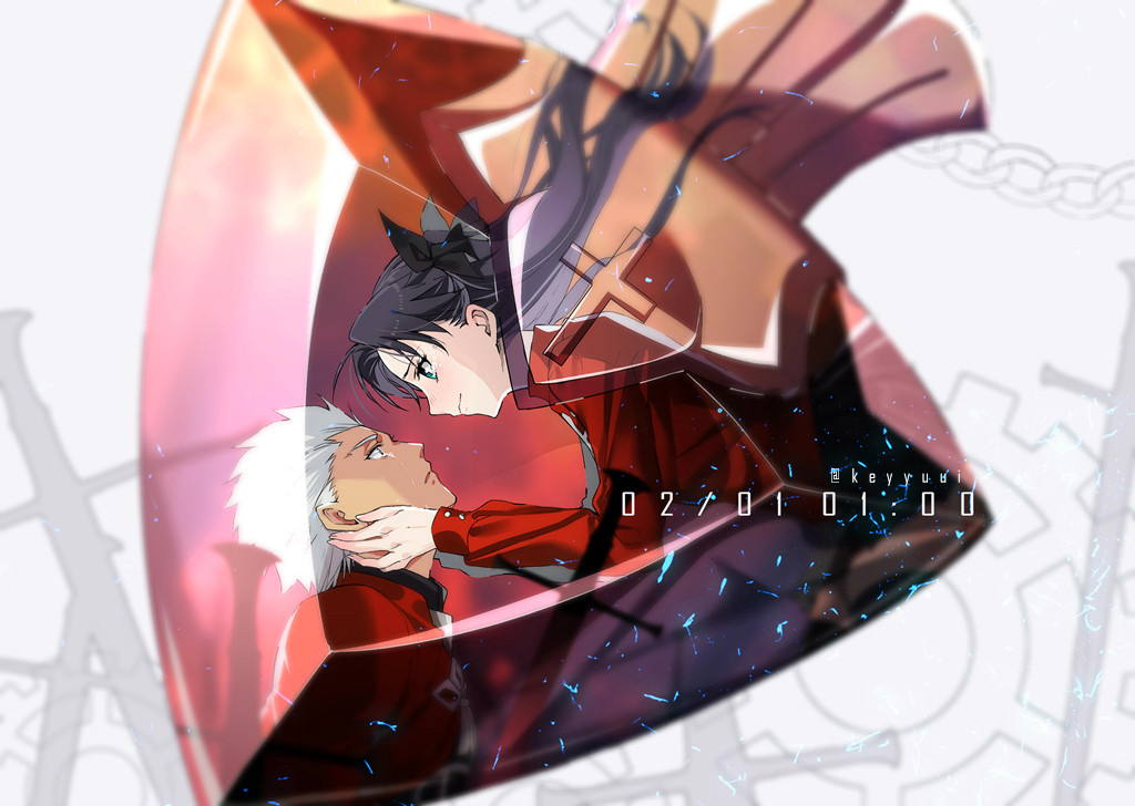 1boy 1girl archer black_bow black_hair bow dated eye_contact fate/stay_night fate_(series) floating_hair gears gem green_eyes hair_bow hand_on_another's_cheek hand_on_another's_face long_hair long_sleeves looking_at_another red_shirt shirt silver_hair sword tohsaka_rin twintails twitter_username weapon yaoshi_jun