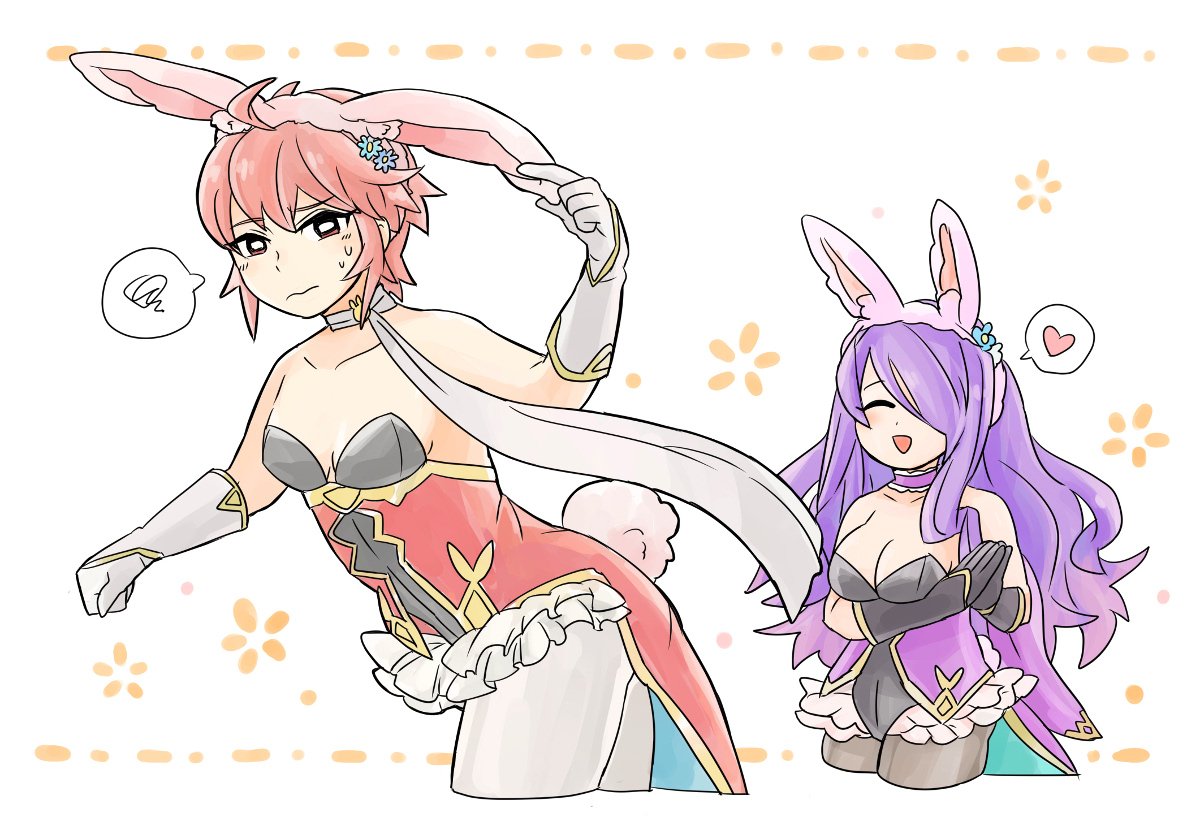 2girls animal_ears black_gloves breasts bunny_ears bunny_tail camilla_(fire_emblem_if) choker cleavage closed_mouth eyes_closed fake_animal_ears fake_tail fire_emblem fire_emblem_heroes fire_emblem_if flyer_27 frilled_choker frills gloves hair_over_one_eye heart hinoka_(fire_emblem_if) large_breasts leotard long_hair multiple_girls nintendo open_mouth own_hands_together purple_hair red_hair short_hair small_breasts spoken_heart tail white_gloves white_legwear