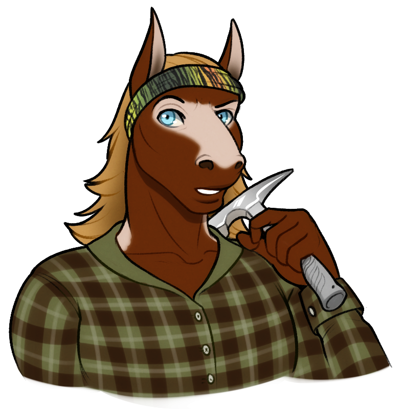 2017 5_fingers alpha_channel anthro black_eyebrows blonde_hair blue_eyes brown_fur bust_portrait chev_(helios) clothed clothing digital_media_(artwork) equid equine eyebrows flannel front_view fur hair hammer holding_object holding_tool horse humanoid_hands long_hair looking_at_viewer male mammal multicolored_fur porin portrait raised_eyebrow shirt simple_background solo sweatband tools transparent_background two_tone_fur white_fur