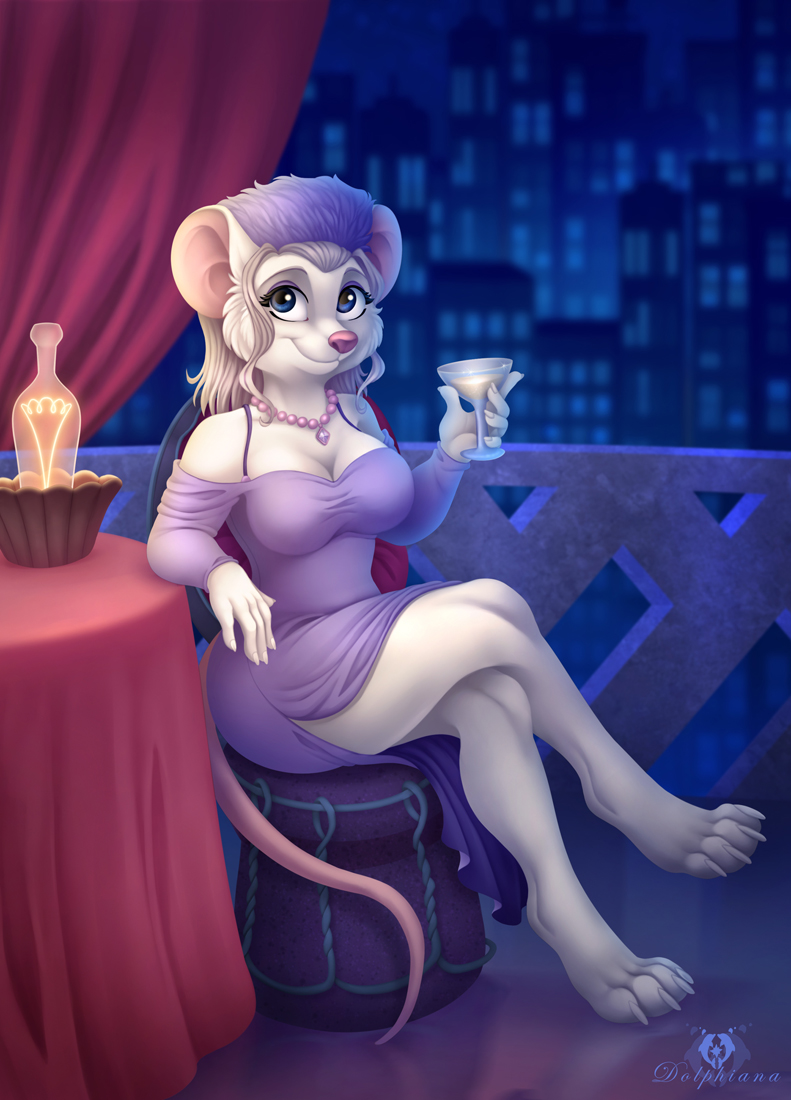 2019 5_fingers anthro blue_eyes breasts clothed clothing disney dolphydolphiana don_bluth dress female headgear headwear holding_glass holding_object mammal miss_bianca mouse murid murine pearl_necklace purple_clothing purple_dress rodent solo the_rescuers the_rescuers_down_under