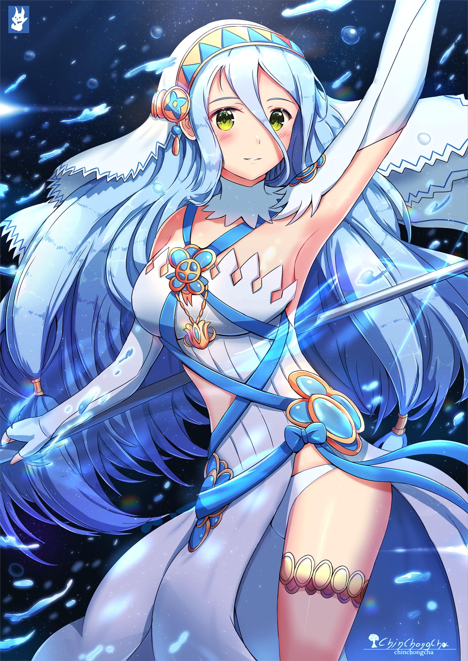 1girl aqua_(fire_emblem_if) arm_up artist_name asymmetrical_legwear blue_hair chinchongcha closed_mouth dress elbow_gloves fingerless_gloves fire_emblem fire_emblem_if gloves highres holding holding_weapon jewelry long_hair nintendo pendant polearm solo veil weapon white_dress white_gloves yellow_eyes