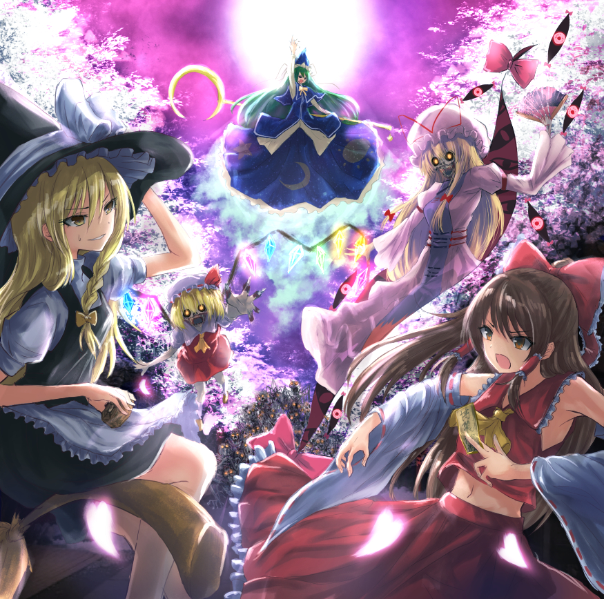 album_cover apron armpits ascot bangs bare_shoulders black_dress blonde_hair blue_bow blue_cape blue_capelet blue_headwear blue_shirt blue_skirt bow bowtie braid broom broom_riding brown_eyes brown_hair buttons cape capelet cherry_blossoms collared_shirt cover crescent_moon crystal detached_sleeves dress fang flandre_scarlet frilled_bow frilled_dress frilled_shirt_collar frilled_skirt frills gap gensoukyou ghost_tail green_hair hair_bow hair_tubes hakurei_reimu half_updo hat hat_bow hat_ribbon japanese_clothes juliet_sleeves kirisame_marisa long_hair long_sleeves medium_hair miko mima mini-hakkero mob_cap moon nontraditional_miko open_mouth petticoat puffy_short_sleeves puffy_sleeves purple_bow purple_dress purple_moon red_bow red_shirt red_skirt red_vest ribbon ribbon-trimmed_sleeves ribbon_trim shirt short_hair short_sleeves sidelocks skirt skirt_set sleeveless sleeveless_shirt staff tabard touhou touhou_(pc-98) vest waist_apron white_bow white_dress white_ribbon white_shirt wide_sleeves wings witch_hat wizard_hat yakumo_yukari yellow_bow yellow_eyes yellow_neckwear yotuba_mokoh_(benzenex) zombie