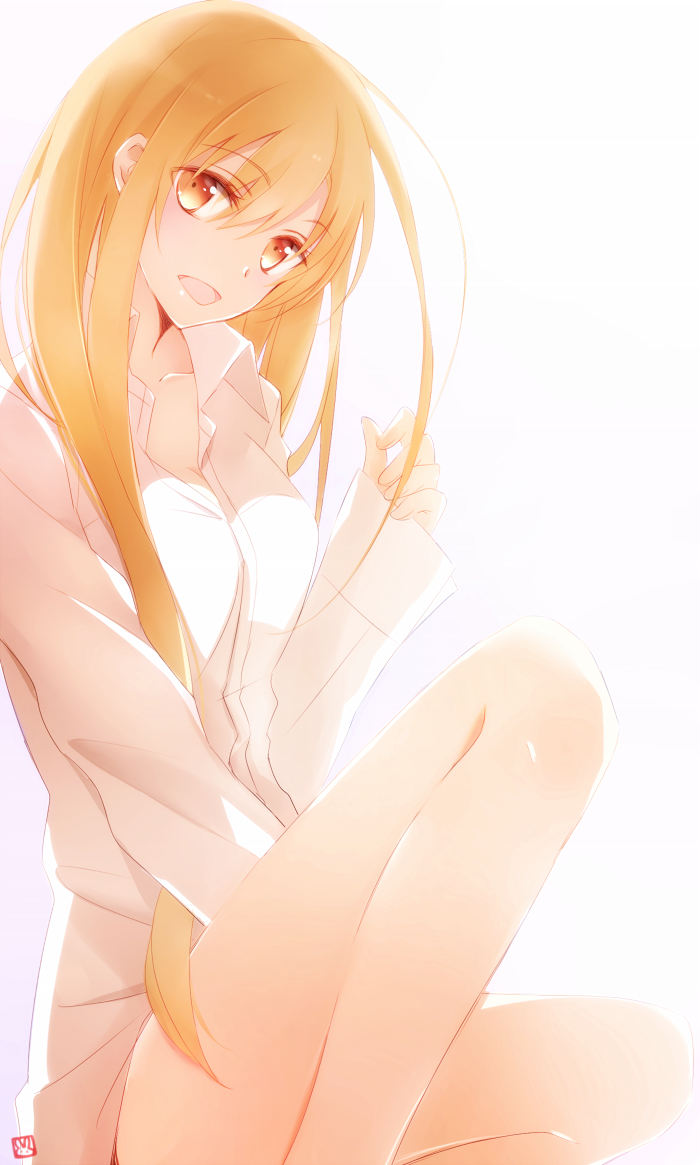 1girl :d asuna_(sao) between_legs blonde_hair breasts brown_eyes cleavage collarbone collared_shirt dress_shirt eyebrows_visible_through_hair gluteal_fold hair_between_eyes hand_between_legs long_hair looking_at_viewer medium_breasts naked_shirt open_mouth shirt simple_background sitting smile solo sword_art_online tsukimori_usako very_long_hair white_background white_shirt wing_collar