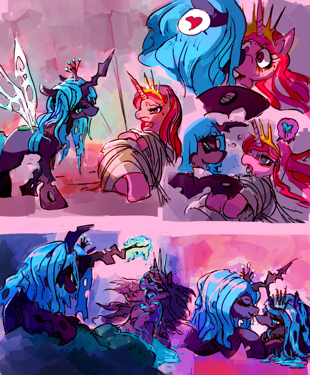 &lt;3 2013 bdsm bondage bound changeling female female/female friendship_is_magic hi_res hypnosis kissing mind_control my_little_pony ouroporos princess_cadance_(mlp) queen_chrysalis_(mlp) saliva saliva_string sweat transformation