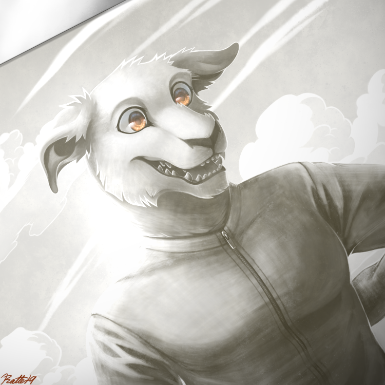1:1 2019 alien anthro biped brown_eyes canid clothing cloud commander_keen conditional_dnp detailed_background digital_media_(artwork) floppy_ears fur half-length_portrait male mammal monochrome partially_colored portrait ratte sepia shirt signature sky smile solo teeth topwear vorticon