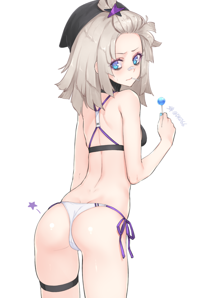 1girl aa-12_(girls_frontline) ass back bangs_pinned_back bare_arms bare_back bare_shoulders bikini black_bikini_top black_headwear blue_eyes blue_nails blush breasts bright_pupils butt_crack cameltoe candy cowboy_shot dan_(kumadan) eyeshadow food forehead from_behind girls_frontline hair_ornament holding holding_food leaning_forward lollipop looking_at_viewer looking_back makeup medium_breasts mismatched_bikini mouth_hold nail_polish purple_ribbon ribbon side-tie_bikini silver_hair simple_background skindentation small_breasts solo star star_hair_ornament swimsuit thigh_strap white_background white_bikini_bottom