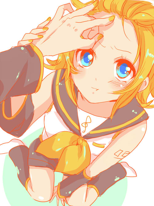 &gt;:t 1girl :t annoyed arm_tattoo bare_shoulders between_legs blonde_hair blue_eyes blush bow brother_and_sister closed_mouth detached_sleeves forehead foreshortening hair_bow hair_ornament hairclip hand_between_legs hand_on_another's_head headphones headset kagamine_len kagamine_rin leg_warmers looking_at_viewer number_tattoo out_of_frame poking pout puffy_cheeks sailor_collar setora short_hair shorts siblings sitting solo_focus tattoo teasing treble_clef twins v-shaped_eyebrows vocaloid wariza wavy_eyebrows wrist_grab