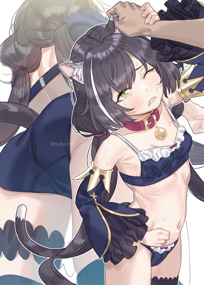 1girl animal_ears armpits ass bangs bare_shoulders bell bell_collar bikini black_bikini black_hair black_legwear blush breasts buckle cat_ears cat_girl cat_tail clenched_teeth collar commentary_request crying crying_with_eyes_open detached_sleeves ear_pull eyebrows_visible_through_hair frilled_bikini frills from_below green_eyes hand_on_another's_hand jingle_bell kyaru_(princess_connect) long_hair long_sleeves looking_up low_twintails multicolored_hair multiple_views navel one_eye_closed parted_lips princess_connect!_re:dive simple_background small_breasts stomach streaked_hair subachi sweat swimsuit tail tears teeth thigh_strap thighhighs twintails twitter_username white_background white_hair