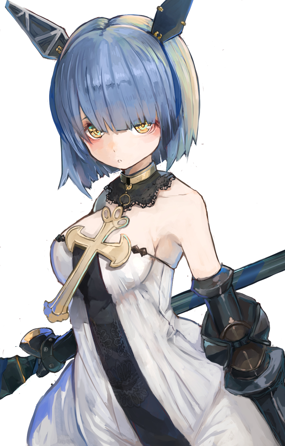 1girl azur_lane bangs bare_shoulders blue_hair breasts choker crossed_legs dress fleur_de_lis floating_headgear gascogne_(azur_lane) gauntlets greaves hair_between_eyes headgear highres legs_crossed looking_at_viewer medium_breasts nyucha short_hair solo strapless strapless_dress watson_cross weapon white_dress yellow_eyes