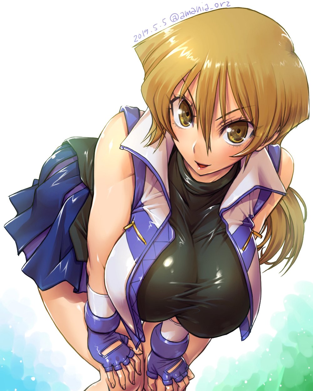 1girl amania_orz blonde_hair breasts brown_eyes fingerless_gloves gloves highres large_breasts long_hair looking_at_viewer skirt sleeveless solo tenjouin_asuka turtleneck vest yu-gi-oh! yuu-gi-ou yuu-gi-ou_arc-v yuu-gi-ou_gx