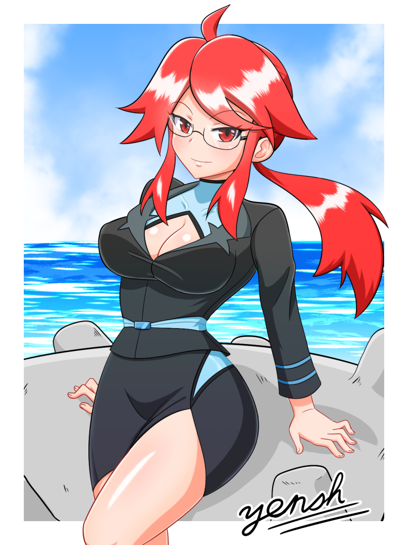 1girl ahoge black_shirt black_skirt breasts cleavage cleavage_cutout commentary_request creatures_(company) day elite_four eyebrows_visible_through_hair game_freak gen_1_pokemon glasses kanna_(pokemon) lapras large_breasts light_blush long_hair looking_at_viewer nintendo ocean pokemon pokemon_(game) pokemon_lgpe ponytail red_eyes red_hair shirt sidelocks signature skirt sky solo water yensh