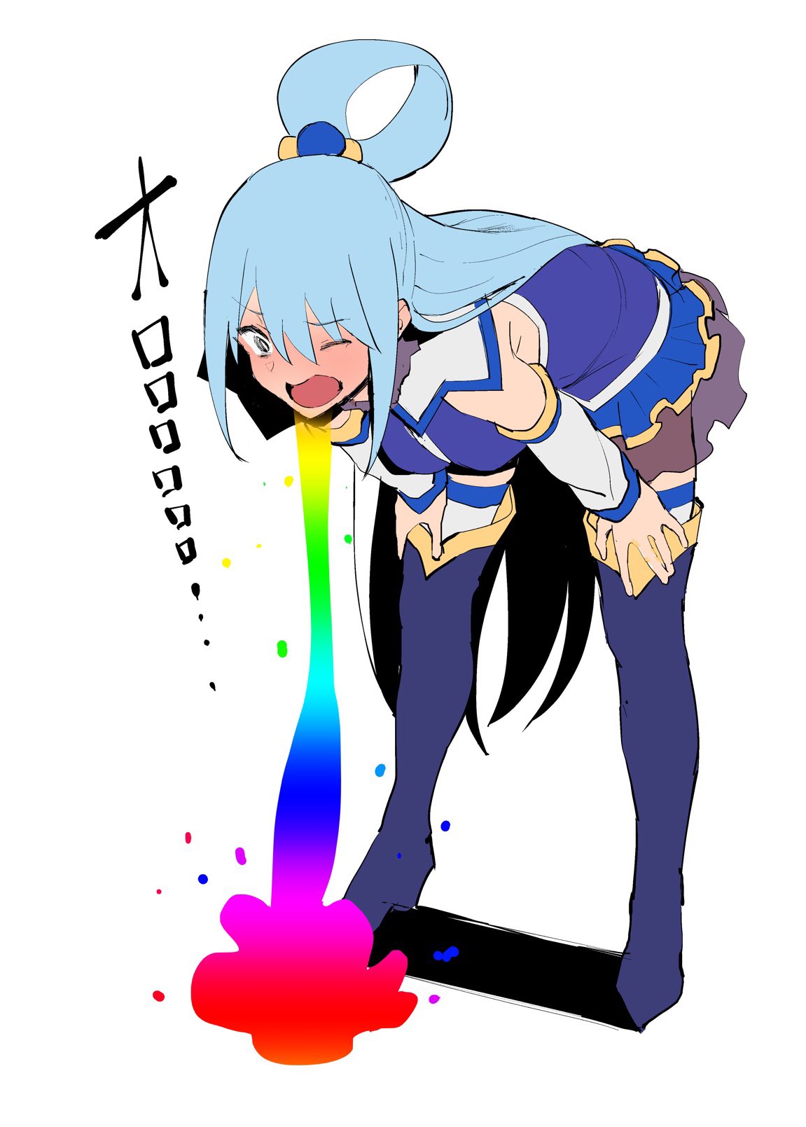 1girl aqua_(konosuba) bare_shoulders bent_over blue_eyes blue_footwear blue_hair blue_legwear blue_shirt blue_skirt blush boots detached_sleeves eyebrows_visible_through_hair hair_ornament hair_rings hands_on_own_knees highres jikatarou kono_subarashii_sekai_ni_shukufuku_wo! leaning_forward long_hair one_eye_closed open_mouth shirt simple_background skirt smile solo thigh_boots thighhighs vomit white_background x_hair_ornament