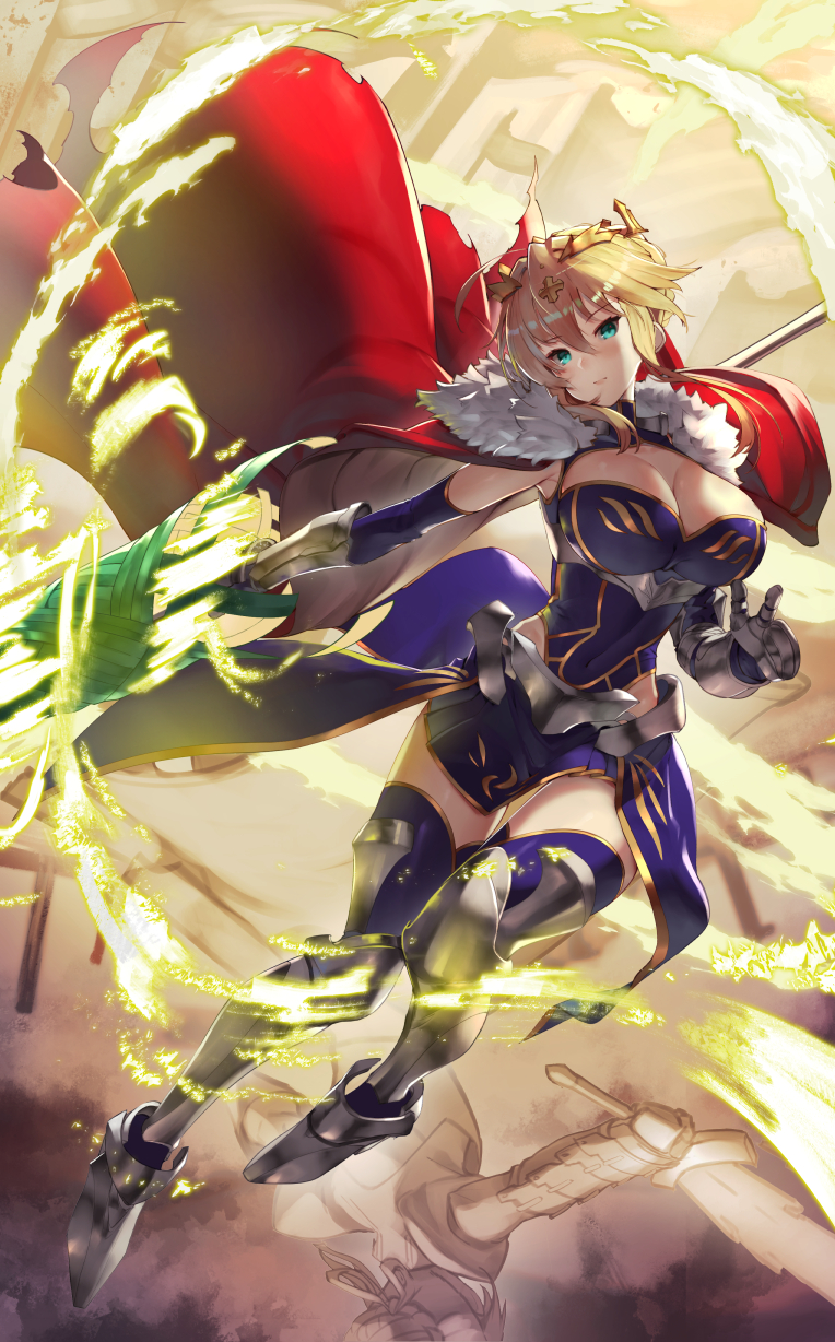 2girls ahoge aqua_eyes armored_leotard artoria_pendragon_(all) artoria_pendragon_(lancer) blonde_hair blue_legwear breasts cape cleavage cleavage_cutout covered_navel crown dual_persona elbow_gloves fate/grand_order fate_(series) fur_trim gauntlets gloves greaves hair_between_eyes head_tilt highres lance large_breasts leotard looking_at_viewer multiple_girls polearm saber short_hair skirt standing standing_on_one_leg sukocchi thighhighs weapon zettai_ryouiki