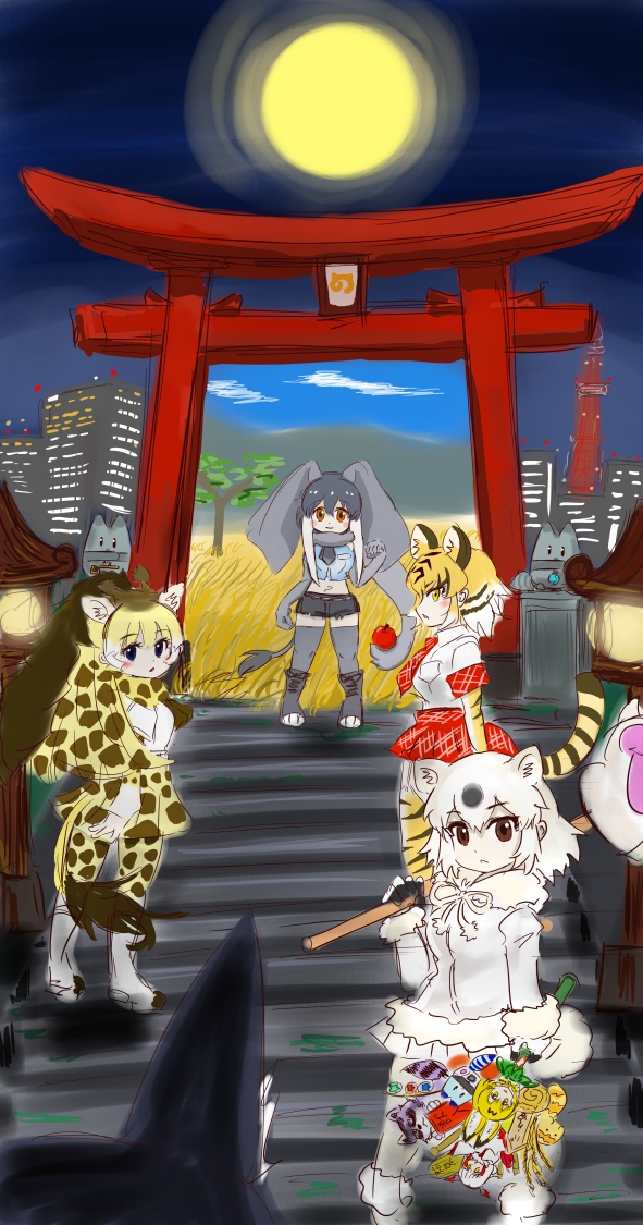 2018 4_ears african_bush_elephant_(kemono_friends) animal_humanoid animal_print apple bengal_tiger_(kemono_friends) big_ears biped black_bottomwear black_clothing black_eyes black_hair black_markings black_shorts blonde_hair blue_clothing blue_shirt blue_topwear blush boots bottomwear brown_eyes brown_hair brown_horn brown_spots brown_stripes brown_tail building cacomistle_(artist) city cityscape clothed clothing cloud crop_top curious cutoffs denim_shorts digital_drawing_(artwork) digital_media_(artwork) elephant_humanoid faceless_ambiguous felid felid_humanoid female fingerless_gloves floppy_ears food footwear frown fruit full_moon fully_clothed giraffe_humanoid giraffe_print giraffid giraffid_humanoid gloves grass grey_ears grey_hair grey_socks grey_tail group hair hair_markings holding_food holding_object horn humanoid inner_ear_fluff jacket japanese kemono_friends lantern legwear long_hair looking_at_viewer looking_back lucky_beast mammal markings midriff moon mountain multi_ear multicolored_hair navel necktie night orange_eyes orange_hair ossicone outside pale_skin pantherine pantherine_humanoid pattern_bottomwear pattern_clothing pattern_legwear pattern_skirt pattern_socks plaid plaid_clothing plant pleated_skirt pockets polar_bear_(kemono_friends) polar_bear_humanoid portal proboscidean proboscidean_humanoid red_bottomwear red_clothing red_skirt reticulated_giraffe_(kemono_friends) savanna scarf sculpture serval-chan shinto_shrine shirt shoes short_hair shorts shrine skirt sky smile socks spots spotted_bottomwear spotted_clothing spotted_hair spotted_skirt stairs standing statue striped_tail stripes tail_tuft thigh_highs thigh_socks tiger_humanoid tiger_print topwear torii tree trunk trunk_hold tuft two_tone_hair tōrō ursid ursid_humanoid ursine ursine_humanoid white_bottomwear white_clothing white_hair white_shirt white_skirt white_topwear yellow_eyes yellow_tail