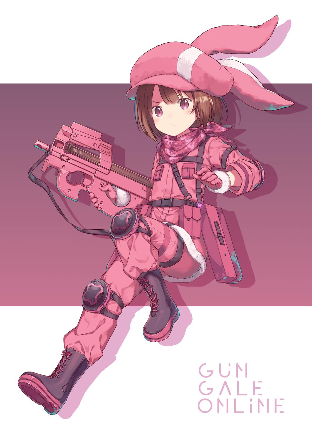 &gt;:( 1girl animal_ears animal_hat bangs black_footwear blush boots brown_hair bullpup bunny_ears bunny_hat closed_mouth commentary_request copyright_name cross-laced_footwear eyebrows_behind_hair fake_animal_ears full_body fur-trimmed_gloves fur_trim gloves gun hat highres holding holding_gun holding_weapon jacket jiang-ge lace-up_boots llenn_(sao) long_sleeves looking_at_viewer p-chan_(p-90) p90 pants pink_gloves pink_headwear pink_jacket pink_pants purple_eyes short_hair solo submachine_gun sword_art_online sword_art_online_alternative:_gun_gale_online v-shaped_eyebrows weapon