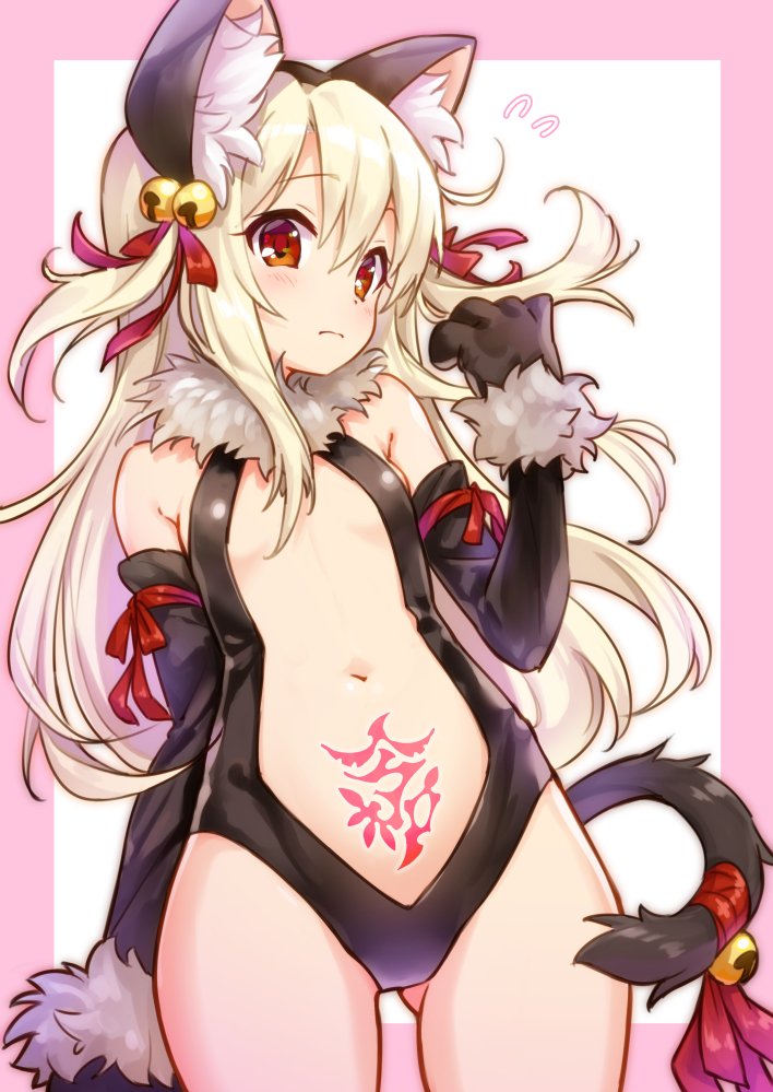 1girl animal_ears bell black_gloves blonde_hair breasts center_opening commentary_request cowboy_shot elbow_gloves fate/kaleid_liner_prisma_illya fate_(series) flying_sweatdrops gloves gluteal_fold hair_bell hair_ornament hair_ribbon illyasviel_von_einzbern jigatei_(omijin) jingle_bell leotard navel outside_border paw_gloves paws prisma_illya pubic_tattoo red_eyes revealing_clothes ribbon sidelocks simple_background small_breasts solo tail tail_bell tail_ribbon tattoo two_side_up