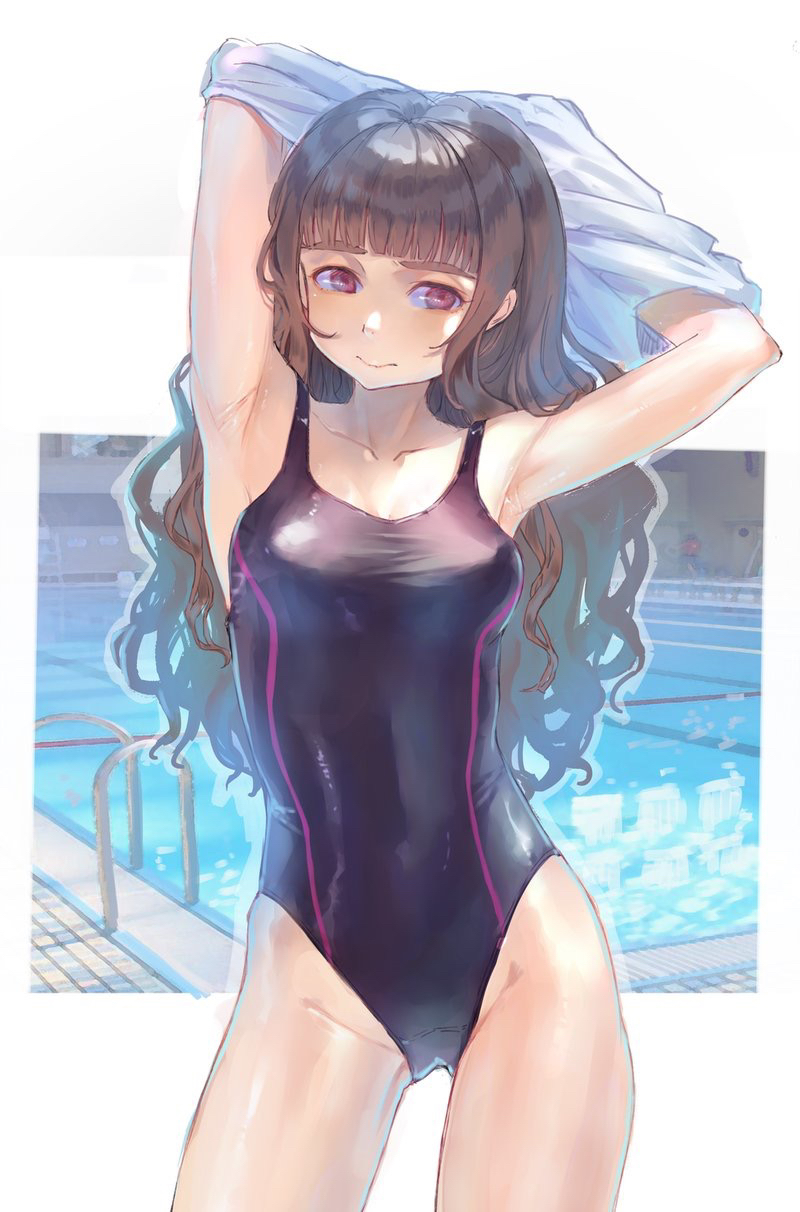 1girl arms_up bangs blunt_bangs breasts brown_hair competition_swimsuit contrapposto cowboy_shot gluteal_fold highres idolmaster idolmaster_cinderella_girls kamiya_nao long_hair looking_at_viewer medium_breasts one-piece_swimsuit pool pool_ladder purple_eyes roki_(0214278) shirt solo standing swimsuit undressing wavy_hair white_shirt