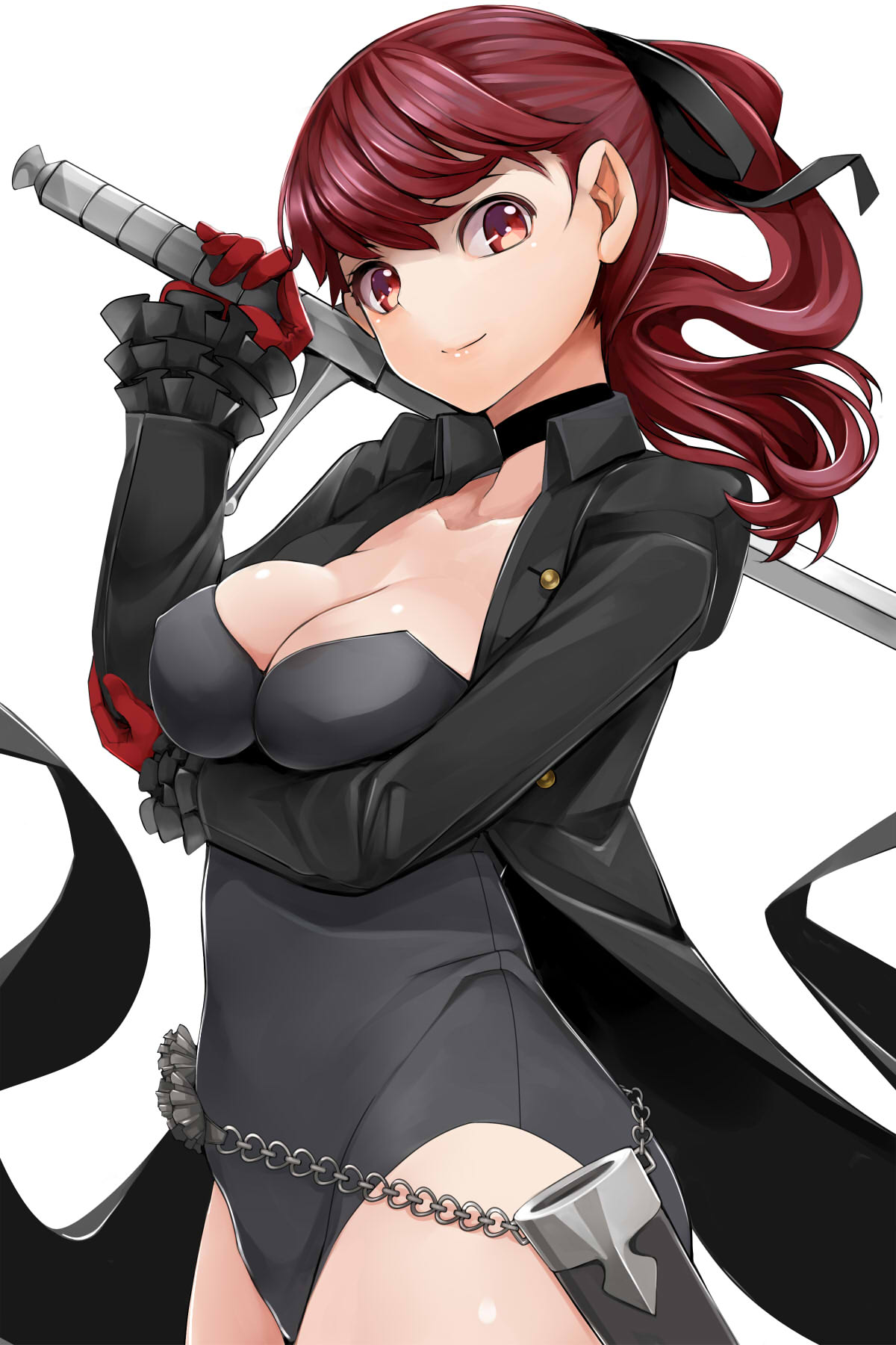 1girl bangs belt black_choker black_jacket black_ribbon breast_hold breasts chains choker cleavage closed_mouth collarbone commentary_request cowboy_shot frilled_sleeves frills gloves hair_ribbon hand_on_own_arm hand_up highres holding holding_sword holding_weapon jacket long_hair long_sleeves looking_at_viewer medium_breasts nemu_(nebusokugimi) open_clothes open_jacket persona persona_5 ponytail purple_hair red_eyes red_gloves ribbon sheath simple_background smile solo sword weapon white_background yoshizawa_kasumi