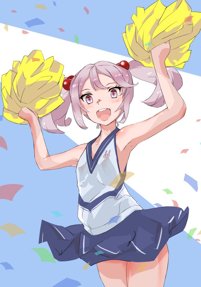 1girl :d alternate_costume blue_skirt cheerleader confetti cowboy_shot hair_bobbles hair_ornament kantai_collection looking_at_viewer open_mouth pink_eyes pink_hair pleated_skirt pom_pom_(clothes) sazanami_(kantai_collection) short_hair skirt sleeveless smile solo twintails yamaioni_(sasakama)