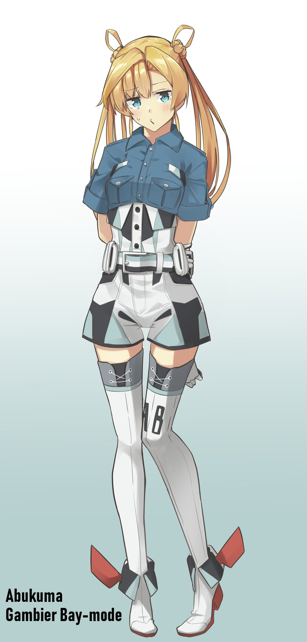 1girl abukuma_(kantai_collection) arms_behind_back blonde_hair blue_background blue_eyes blue_shirt breast_pocket character_name collared_shirt commentary_request cosplay double_bun full_body gambier_bay_(kantai_collection) gambier_bay_(kantai_collection)_(cosplay) gloves gradient gradient_background hair_rings highres kantai_collection long_hair looking_at_viewer multicolored multicolored_clothes negahami o3o pocket shirt short_sleeves solo standing thighhighs twintails white_background white_gloves white_legwear