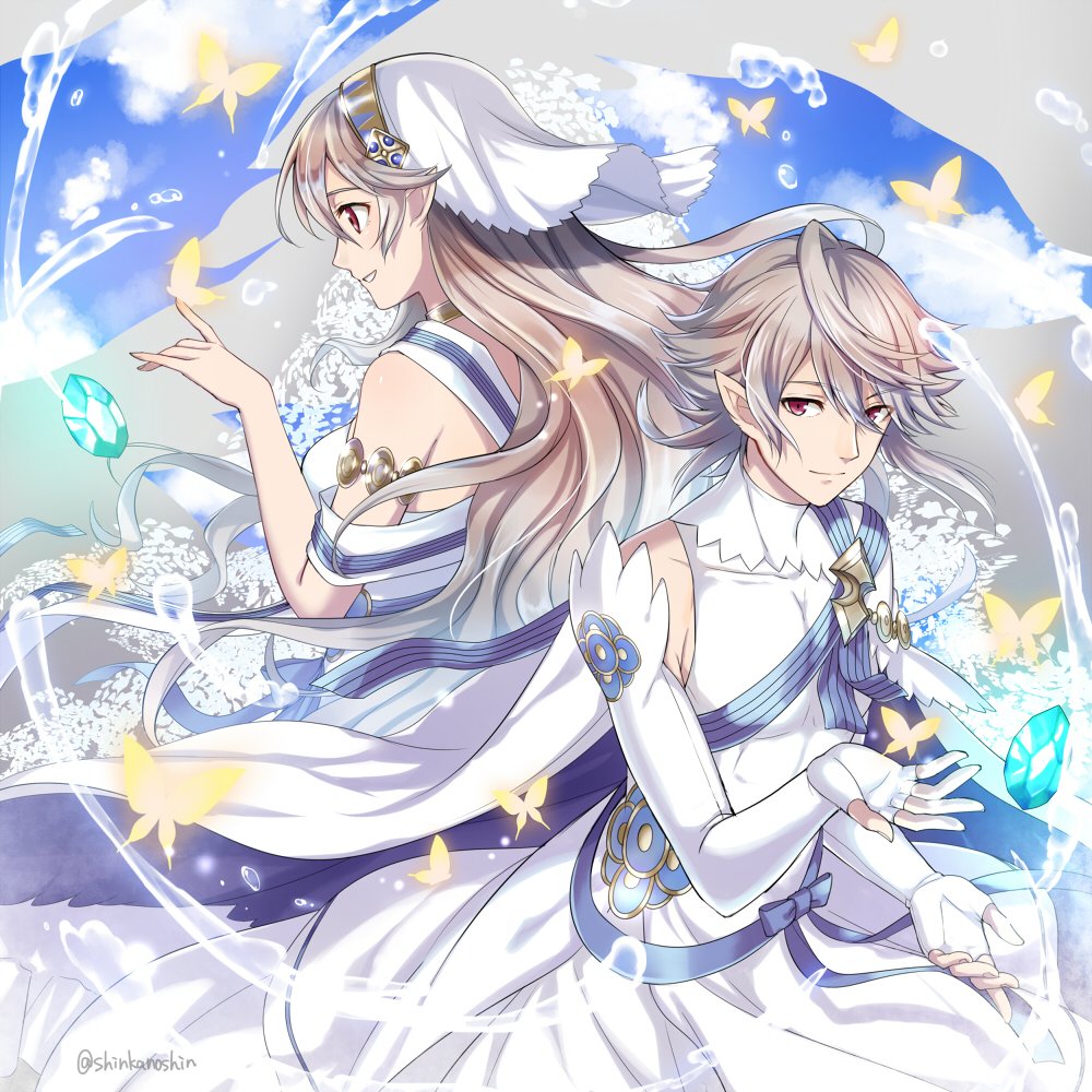 1boy 1girl blue_sky bug butterfly closed_mouth cloud dress elbow_gloves female_my_unit_(fire_emblem_if) fingerless_gloves fire_emblem fire_emblem_heroes fire_emblem_if from_side gloves insect long_hair male_my_unit_(fire_emblem_if) my_unit_(fire_emblem_if) nintendo parted_lips pointy_ears red_eyes shinkanoshin short_hair sky stone twitter_username white_dress white_gloves white_hair