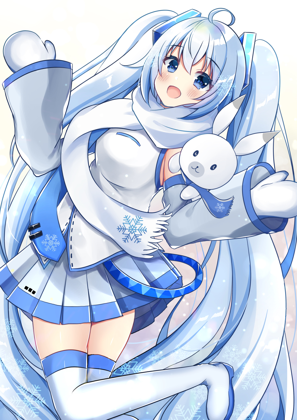 1girl :d ahoge animal bangs blue_eyes blue_hair blush boots breasts bunny commentary detached_sleeves eyebrows_visible_through_hair fringe_trim grey_sleeves hair_between_eyes hair_ornament hatsune_miku highres long_hair long_sleeves looking_at_viewer medium_breasts minami_saki mittens open_mouth pleated_skirt print_scarf scarf shirt skirt sleeveless sleeveless_shirt sleeves_past_wrists smile snowflakes solo symbol_commentary thigh_boots thighhighs twintails very_long_hair vocaloid white_footwear white_legwear white_mittens white_scarf white_shirt white_skirt yuki_miku yukine_(vocaloid)