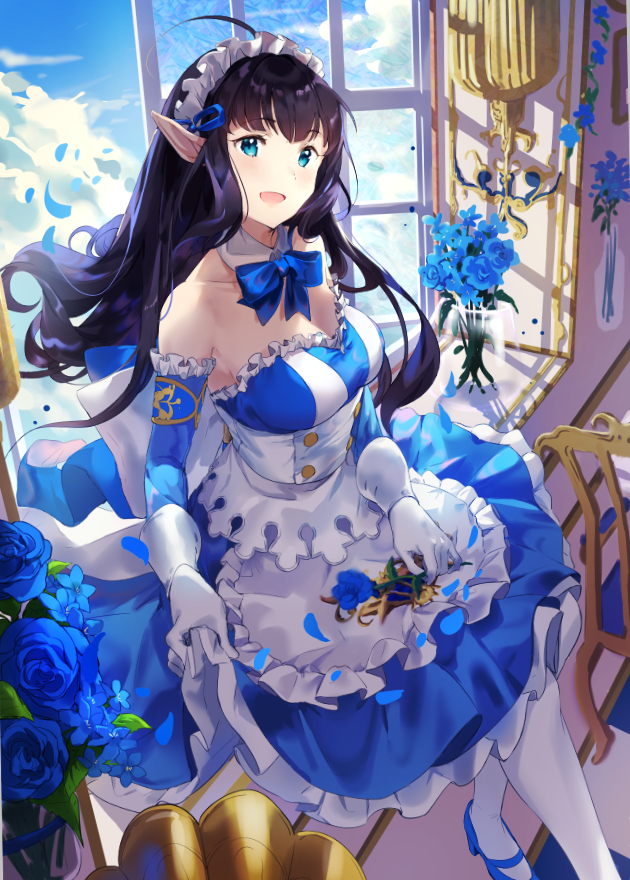 1girl :d ahoge apron bare_shoulders black_hair blue_dress blue_eyes blue_flower blue_footwear blue_neckwear blue_sky bow bowtie breasts chair cherim cloud collarbone day detached_collar detached_sleeves dress elf floating_hair flower frills gloves headdress indoors king's_raid long_hair looking_at_viewer maid mary_janes medium_breasts mirianne_(king's_raid) open_mouth petals pointy_ears rose shoes sidelocks sitting sky smile solo sunlight vase waist_apron white_gloves white_legwear window