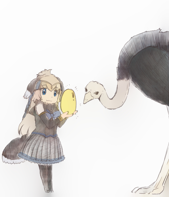 2018 :3 animal_humanoid armwear avian avian_humanoid bare_shoulders beady_eyes beak biped bird bird_feet black_armwear black_clothing black_dress black_eyes black_feathers black_socks black_tail black_wings blue_eyes bow circle circlet clothed clothing common_ostrich_(kemono_friends) curious detached_sleeves dress duo egg emanata eyebrow_through_hair eyebrows eyelashes feathered_wings feathers female feral footwear frilly fully_clothed fur_trim_(clothing) hair hatching_(technique) head_wings holding_object humanoid iceeye_ena japanese kemono_friends larger_feral larger_male legwear light_skin long_hair long_neck male multicolored_feathers ostrich ostrich_humanoid ratite ratite_humanoid shoes simple_background size_difference smaller_female smaller_humanoid smile socks standing tail_feathers tan_beak tan_hair tan_skin thigh_highs thigh_socks translucent translucent_hair two_tone_feathers two_tone_tail two_tone_wings white_background white_feathers white_tail white_wings wings