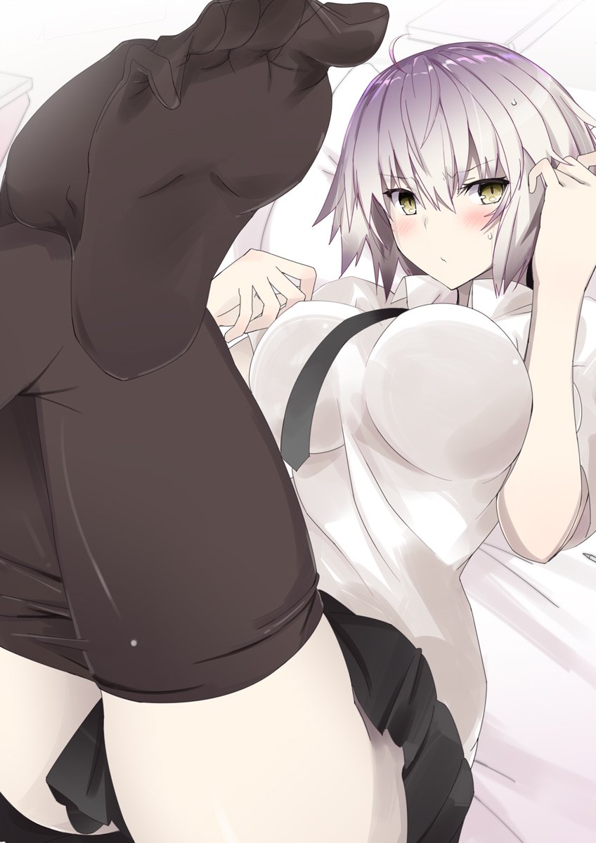 1girl ahoge bad_feet black_neckwear black_skirt blush breasts dress dutch_angle fate/grand_order fate_(series) hair_between_eyes hand_in_hair highres jeanne_d'arc_(alter)_(fate) jeanne_d'arc_(fate)_(all) large_breasts legs_crossed looking_at_viewer lying necktie on_back pantyhose pantyhose_pull rating shirt short_hair silver_hair skirt solo vane wet white_shirt yellow_eyes