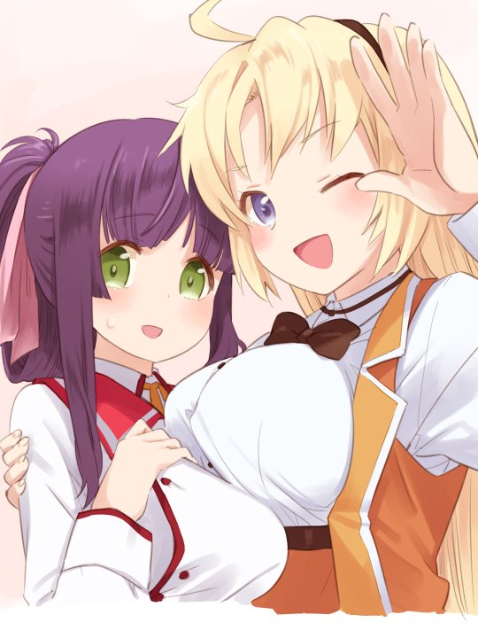 2girls ahoge arm_around_shoulder bangs blonde_hair blue_eyes blunt_bangs blush bow breasts collar double-breasted eyebrows_visible_through_hair folded_ponytail hair_ornament hair_ribbon hairband hand_on_another's_shoulder hand_on_own_chest holding kohagura_ellen large_breasts long_hair long_sleeves looking_at_viewer minoseki_gakuin_uniform multiple_girls one_eye_closed open_mouth osafune_girls_academy_uniform parted_bangs purple_hair red_collar ribbon school_uniform simple_background smile standing takano_natsuki toji_no_miko upper_body vest yanase_mai yellow_ribbon