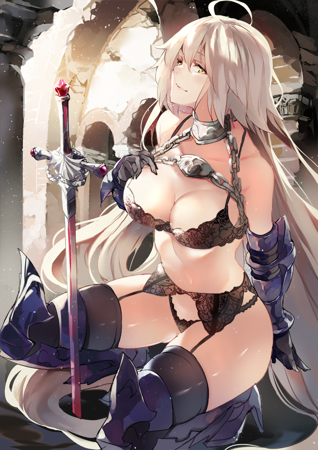 1girl armor armored_boots bare_shoulders black_bra black_legwear black_panties boots bra breasts chain_necklace chains cleavage elbow_gloves fate/grand_order fate_(series) full_body gloves grey_hair hair_between_eyes hand_on_own_chest highleg highleg_panties jeanne_d'arc_(alter)_(fate) jeanne_d'arc_(fate)_(all) ken_(coffee_michikusa) lace lace-trimmed_bra lace-trimmed_garter_belt lace-trimmed_panties lace_trim large_breasts lingerie long_hair navel panties ruins smile solo sword thighhighs underwear weapon yellow_eyes