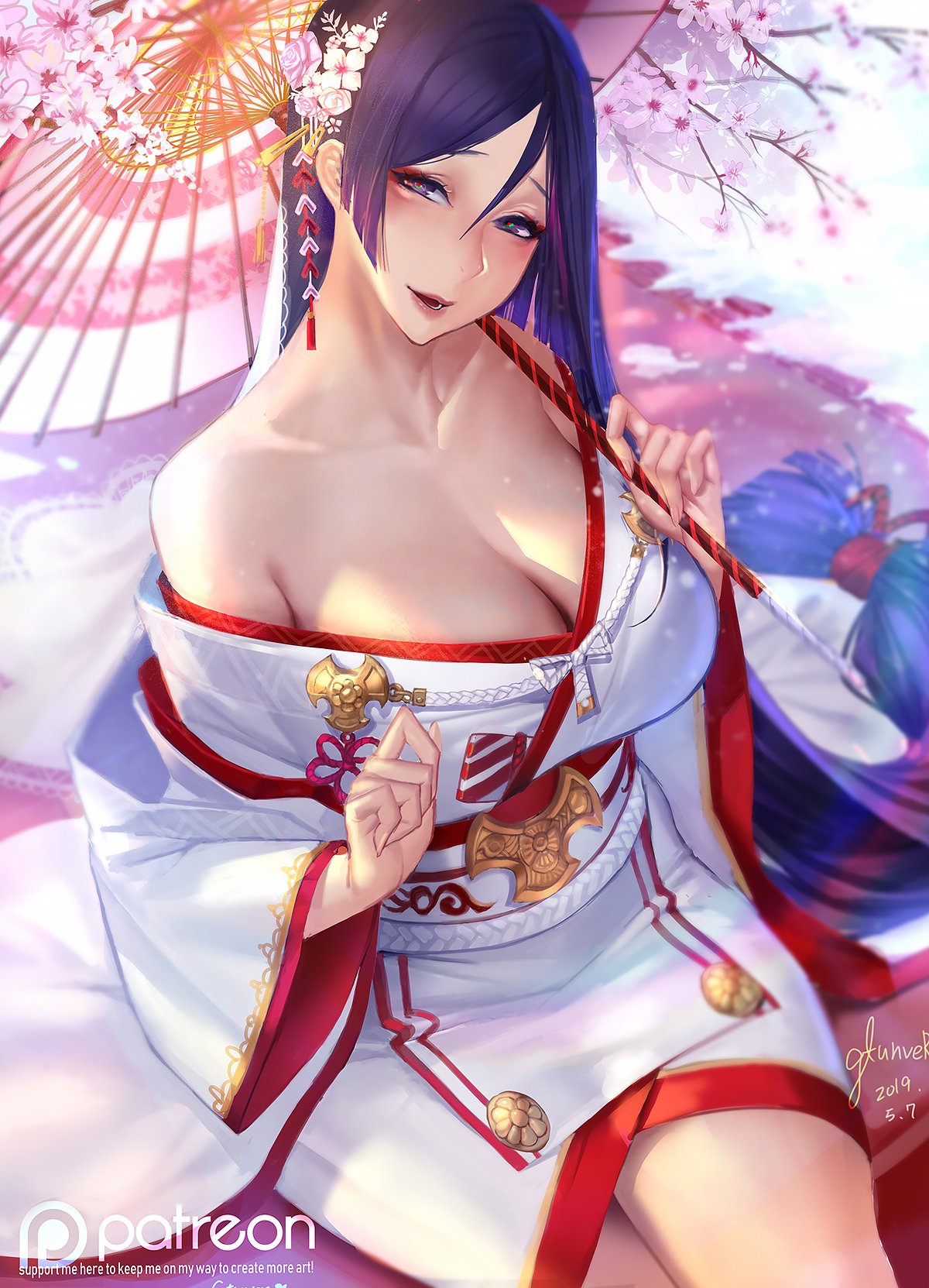 1girl :d bangs bare_shoulders blush breasts cherry_blossoms cleavage commentary_request dated eyebrows_visible_through_hair fate/grand_order fate_(series) furisode gtunver hair_ornament hand_up highres holding holding_umbrella japanese_clothes kimono large_breasts legs_crossed long_hair looking_at_viewer minamoto_no_raikou_(fate/grand_order) obi off_shoulder open_mouth oriental_umbrella outdoors patreon_username purple_eyes purple_hair sash short_kimono signature sitting smile snowing solo umbrella very_long_hair white_kimono