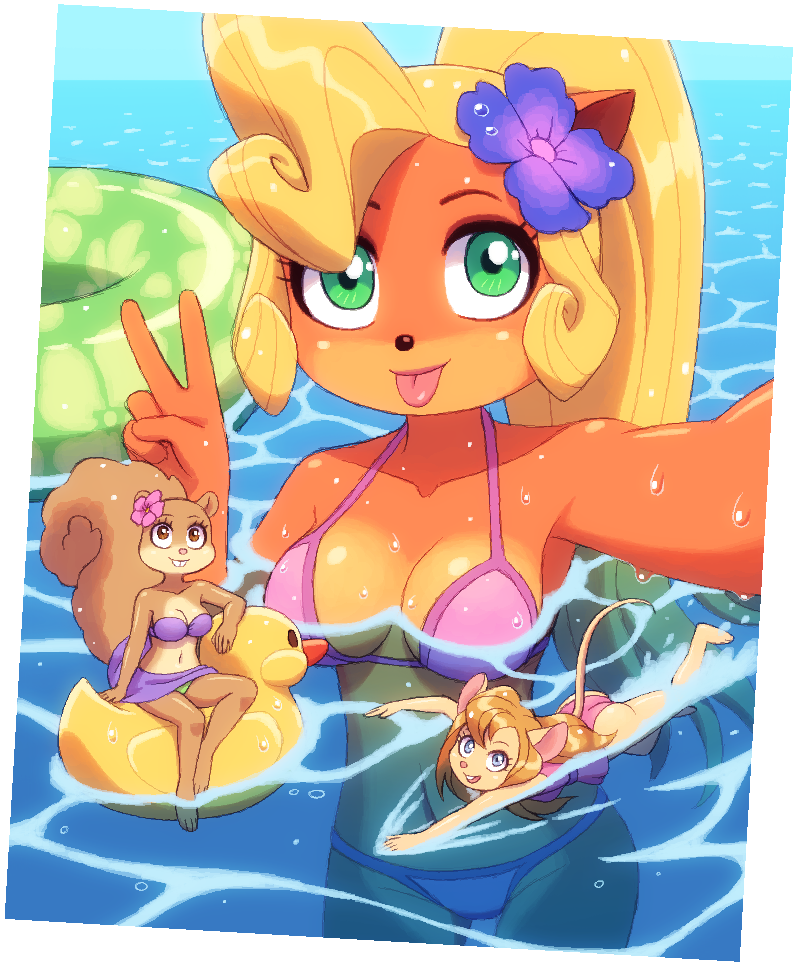 anthro bandicoot bikini blep blonde_hair blue_eyes breasts brown_eyes buckteeth butt chip_'n_dale_rescue_rangers clothed clothing coco_bandicoot crash_bandicoot_(series) crossover disney female flower flower_in_hair gadget_hackwrench gesture green_eyes group hair inner_tube kempferzero long_hair looking_at_viewer mammal marsupial mouse murid murine naughty_dog nickelodeon partially_submerged plant rodent rubber_duck sandy_cheeks sciurid selfie sony_corporation sony_interactive_entertainment spongebob_squarepants swimming swimwear teeth tongue tongue_out v_sign video_games water wet