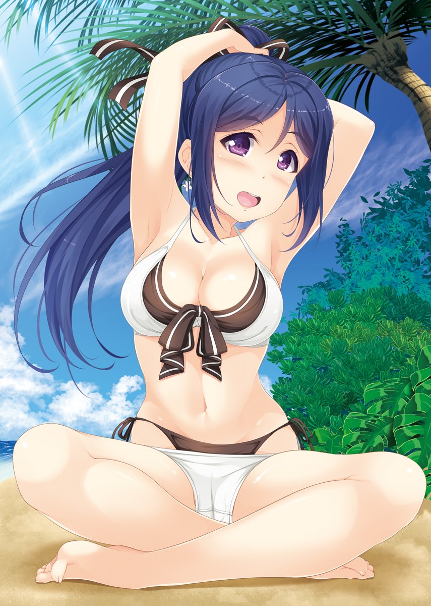 1girl armpits arms_behind_head arms_up bare_legs barefoot beach bikini bikini_top black_bikini_bottom blue_hair blue_sky blush breasts earrings eyebrows_visible_through_hair feet hair_ribbon highres jewelry large_breasts legs_crossed long_hair looking_at_viewer love_live! love_live!_sunshine!! matsuura_kanan minato_spc navel ocean outdoors palm_tree ponytail purple_eyes ribbon side-tie_bikini sidelocks sitting sky smile solo stomach swimsuit tree tying_hair