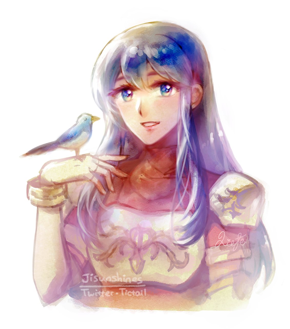 armor bird blue_eyes blue_hair blush dress elbow_gloves fingerless_gloves fire_emblem fire_emblem:_monshou_no_nazo gloves highres liefe long_hair open_mouth pegasus_knight sheeda smile solo