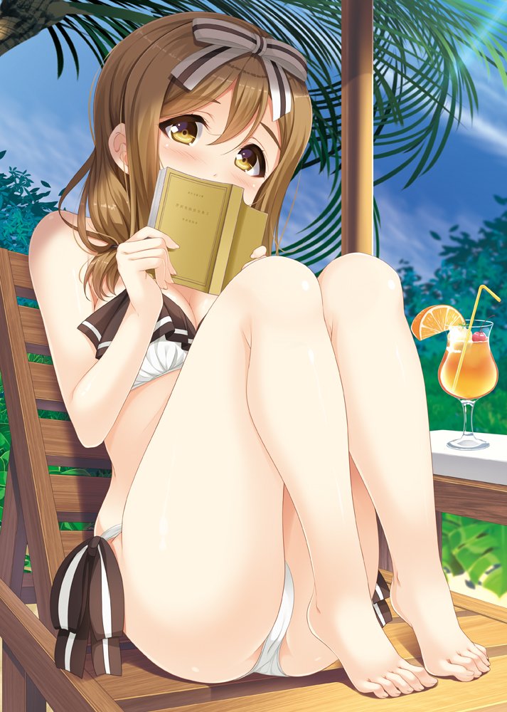 1girl ass bangs bare_legs bikini bikini_bottom bikini_top blush book breasts brown_hair chair cleavage cocktail cocktail_glass cocktail_umbrella covering_face cup drink drinking_glass feet feet_on_chair hair_ribbon holding holding_book knees_up kunikida_hanamaru large_breasts legs_together long_hair looking_at_viewer lounge_chair love_live! love_live!_sunshine!! minato_spc outdoors palm_tree ribbon side-tie_bikini sitting solo swimsuit thighs tree white_bikini white_bikini_bottom yellow_eyes