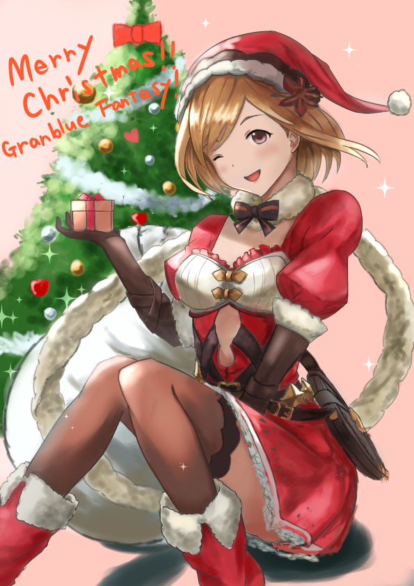 1girl ;d aqua_(popogori) between_legs boots box brown_eyes brown_gloves brown_hair brown_legwear christmas_tree copyright_name cutout djeeta_(granblue_fantasy) frilled_skirt frills fur-trimmed_boots fur-trimmed_hat fur-trimmed_sleeves fur_trim gift gift_box gloves granblue_fantasy hand_between_legs hat holding holding_box looking_at_viewer merry_christmas miniskirt one_eye_closed open_mouth pink_background red_footwear red_headwear red_skirt santa_hat shiny shiny_hair short_hair short_sleeves sitting skirt smile solo sparkle striped striped_neckwear thighhighs