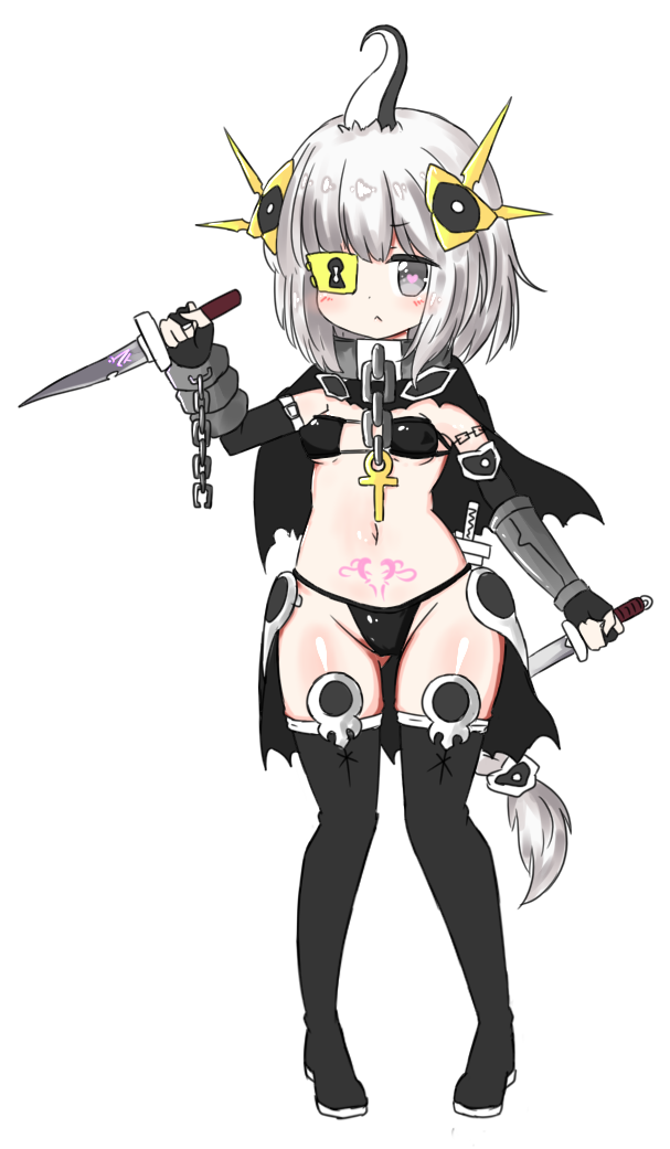 1girl ankh bailingxiao_jiu bangs bikini black_bikini black_capelet black_footwear black_legwear blush boots braid breasts bridal_gauntlets capelet chains closed_mouth collar dagger dual_wielding erect_nipples eyebrows_visible_through_hair eyepatch eyepatch_bikini full_body grey_eyes groin heart heart-shaped_pupils holding holding_dagger holding_weapon keyhole long_hair metal_collar navel original pubic_tattoo silver_hair simple_background single_braid small_breasts solo standing swimsuit symbol-shaped_pupils tattoo thigh_boots thighhighs very_long_hair weapon white_background