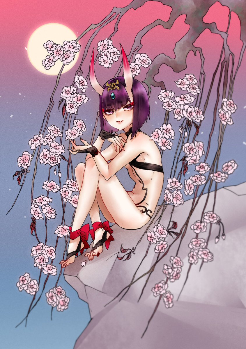 1girl ankle_ribbon bangs bare_shoulders barefoot_sandals blush bob_cut breasts bridal_gauntlets eyeliner fate/grand_order fate_(series) flower headpiece highres horns kurome_(pixiv2463942) legs looking_at_viewer makeup oni oni_horns purple_eyes purple_hair revealing_clothes ribbon short_eyebrows short_hair shuten_douji_(fate/grand_order) sitting small_breasts smile solo thighs