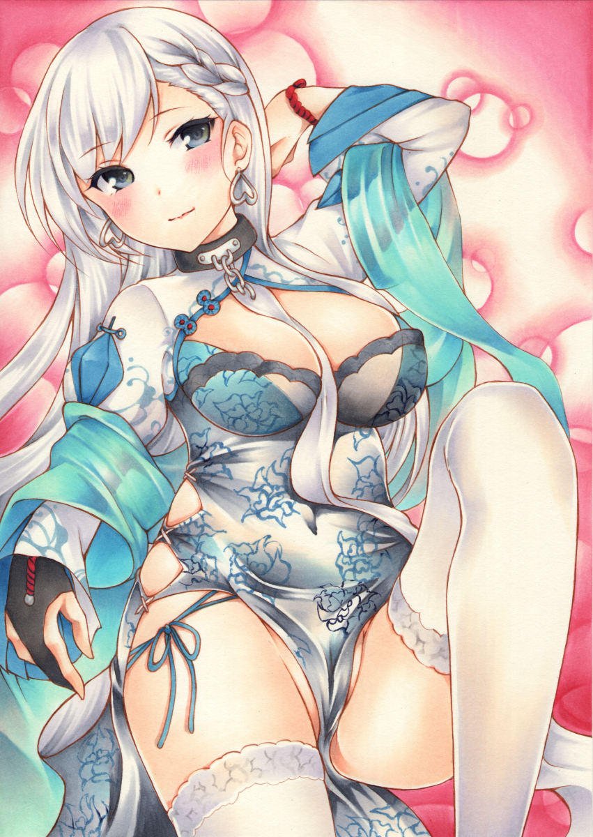 1girl alternate_costume arm_up azur_lane belfast_(azur_lane) belfast_(iridescent_rose)_(azur_lane) between_breasts black_gloves blush braid breasts bubble_background chains china_dress chinese_clothes cleavage collar covered_navel dress earrings eyebrows_visible_through_hair fingerless_gloves floral_print gloves grey_eyes groin heart heart_earrings highres jewelry long_hair long_sleeves looking_at_viewer marker_(medium) medium_breasts panties pelvic_curtain sash shrug_(clothing) side-tie_panties side_cutout silver_hair solo straight_hair thighhighs thighs traditional_media underwear white_legwear yoruoujito-tsukinohime