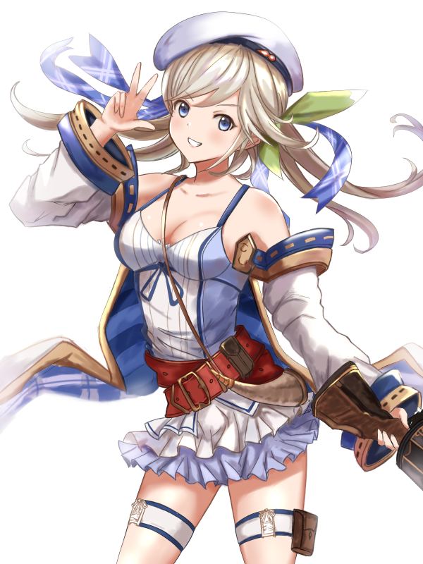 1girl aqua_(popogori) blue_eyes breasts cleavage cowboy_shot cucouroux_(granblue_fantasy) floating_hair granblue_fantasy grin hat holding layered_skirt long_hair medium_breasts miniskirt shiny shiny_hair sideboob silver_hair simple_background skirt smile solo standing thigh_strap w white_background white_headwear white_skirt