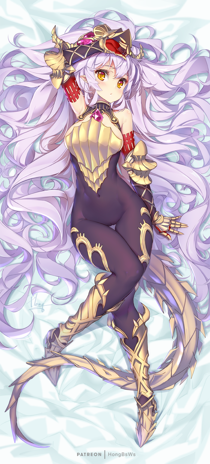 1girl absurdly_long_hair arm_up blush bodystocking breastplate breasts bright_pupils cameltoe commentary covered_navel elbow_gloves gauntlets gloves granblue_fantasy greaves headgear highres hong_(white_spider) lavender_hair long_hair lying medium_breasts medusa_(shingeki_no_bahamut) on_back pointy_ears solo tail thigh_gap very_long_hair yellow_eyes