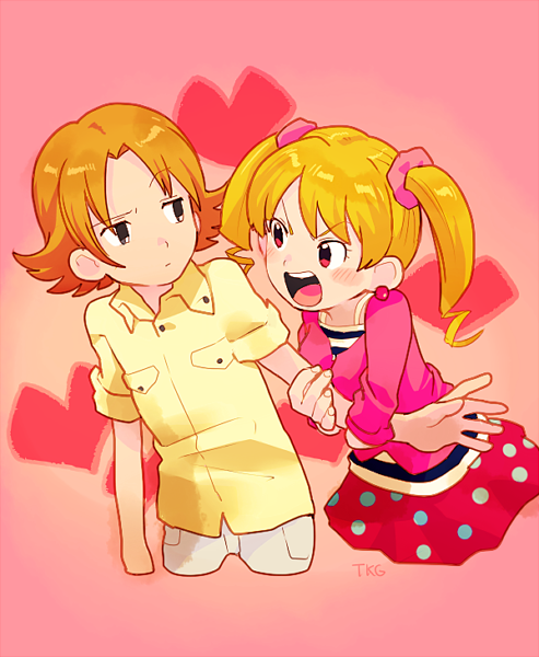 1boy 1girl blonde_hair blush breasts brown_eyes closed_mouth commentary_request digimon digimon_xros_wars earrings jewelry open_mouth red_eyes simple_background skirt striped suzaki_airu t_k_g twintails