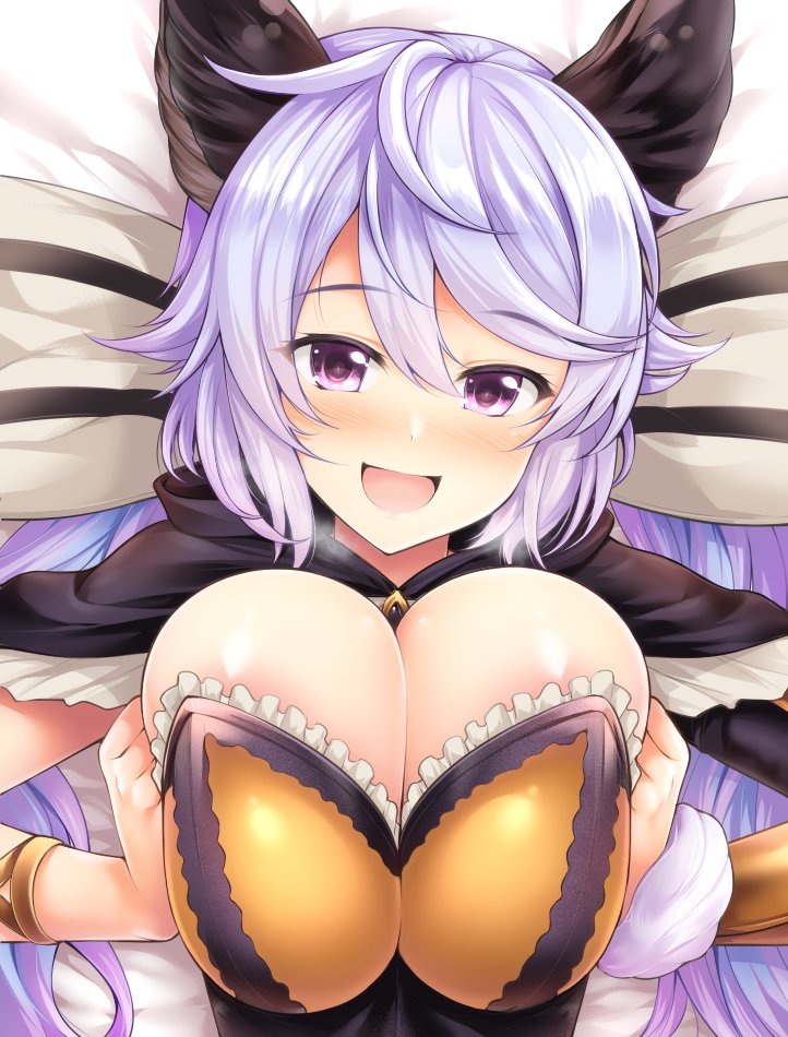 1girl animal_ears areola_slip areolae blush bow breast_grab breasts cleavage commentary_request grabbing granblue_fantasy hair_between_eyes hair_bow heavy_breathing large_breasts long_hair looking_at_viewer lying open_mouth pov purple_eyes purple_hair satyr_(granblue_fantasy) uni8