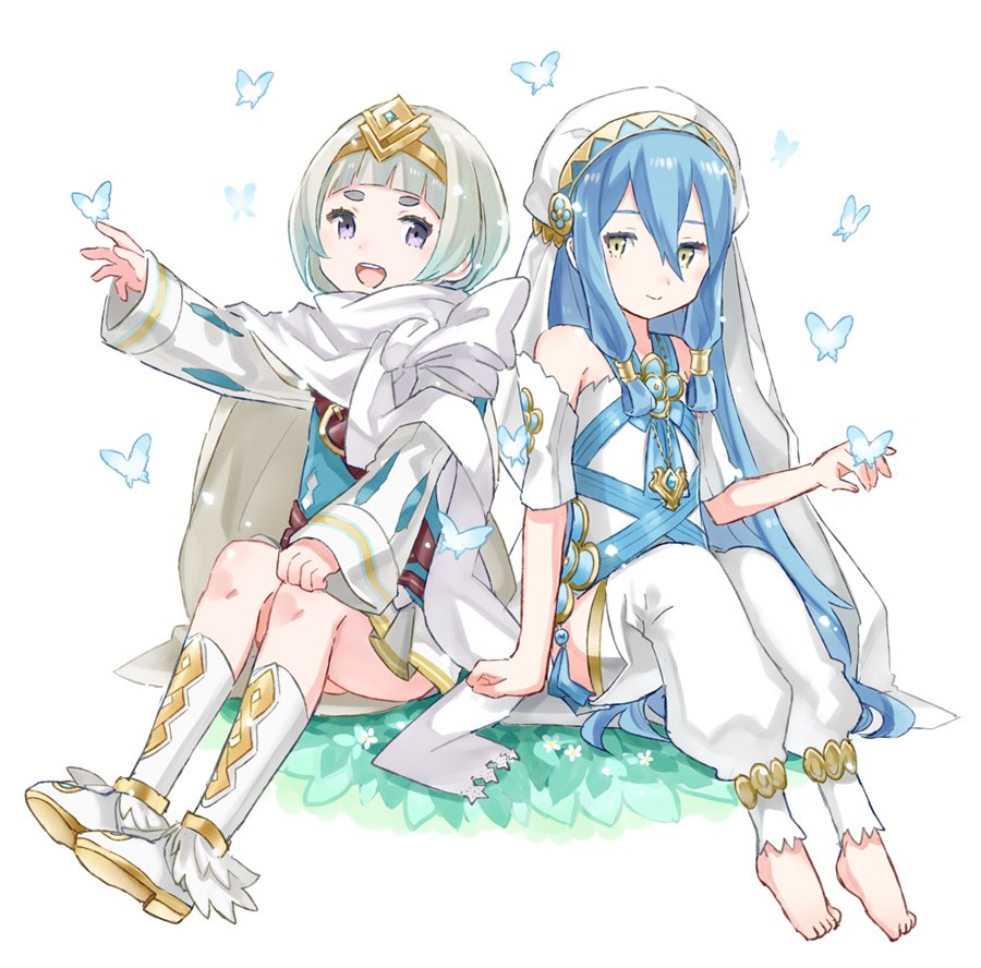 2girls anklet aqua_(fire_emblem_if) blue_hair blush bug butterfly cape closed_mouth dress elbow_gloves fire_emblem fire_emblem_heroes fire_emblem_if gloves gradient_hair hair_between_eyes hair_ornament insect jewelry long_sleeves menoko multicolored_hair multiple_girls nintendo open_mouth purple_eyes short_hair simple_background smile thighhighs tiara veil white_hair yellow_eyes ylgr_(fire_emblem_heroes) younger