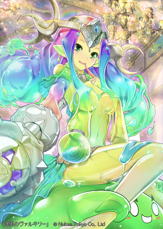 1girl breasts cape creature crown goo_girl green_skin looking_at_viewer medium_breasts monster_girl moon multicolored_hair open_mouth rainbow rainbow_hair shinkai_no_valkyrie slime slime_queen smile staff uro_(oolong)