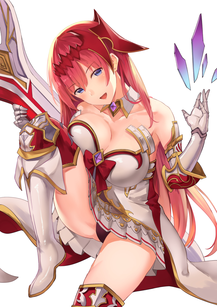 1girl bangs bare_shoulders black_panties blue_eyes blush breasts cleavage elbow_gloves eyebrows_visible_through_hair gauntlets gloves godguard_brodia granblue_fantasy hair_between_eyes hair_ornament hand_up head_tilt holding holding_weapon knee_up large_breasts long_hair looking_at_viewer open_mouth panties red_hair sitting skirt smile solo suzuame_yatsumi thighhighs thighs underwear very_long_hair weapon