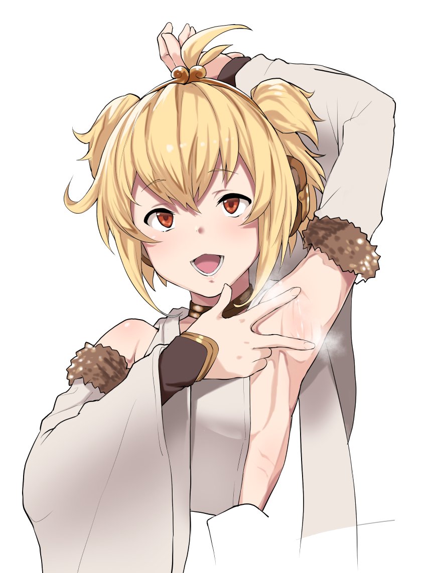 1girl ahoge andira_(granblue_fantasy) animal_ears arm_behind_head arm_up armpits bangs blonde_hair brown_eyes choker detached_sleeves ear_clip erune fur_trim granblue_fantasy hair_between_eyes hair_ornament hairband monkey_ears monkey_girl open_mouth simple_background steam two_side_up v white_background wide_sleeves yozo_(stanky)